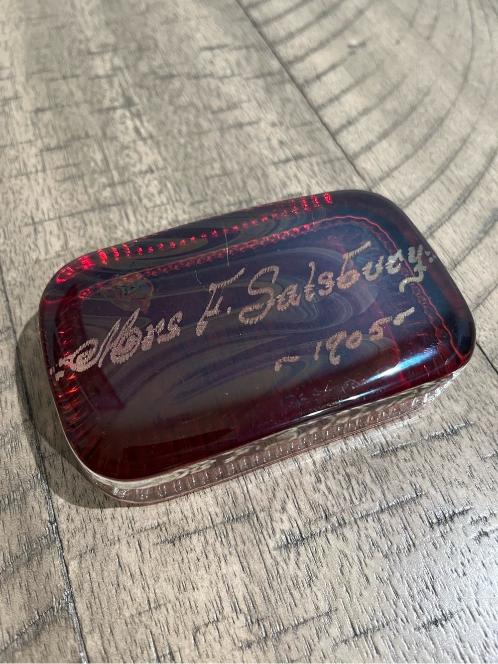 Antique 1905 Red Inscribed Exposition Paperweight Red Glass 4” x 2.5" Salsbury